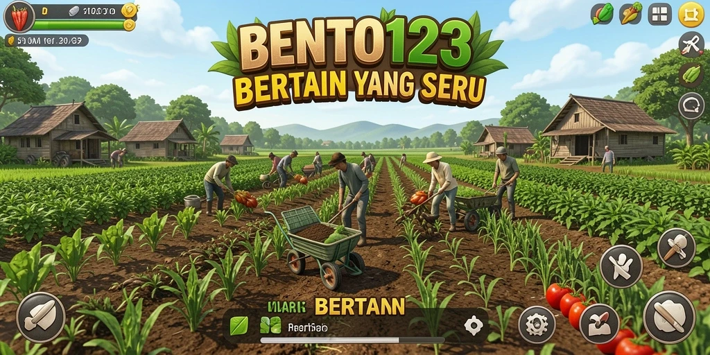 Screenshot utama BENTO123 menunjukkan ladang yang subur dengan berbagai tanaman.